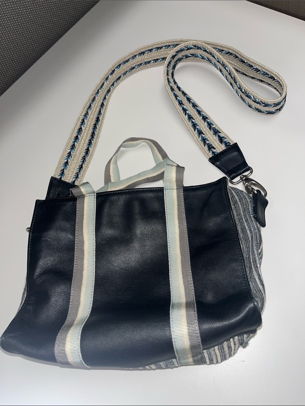 Claramonte Blue& Black & Gray Crossbody Tote with Striped Strap
